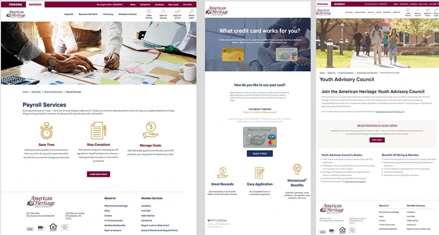 Three webpages from American Heritage website examples of website updates