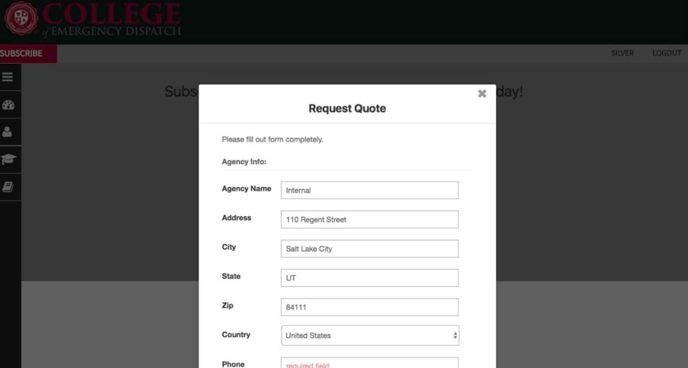 Subscription request quote form asking for agency contact information