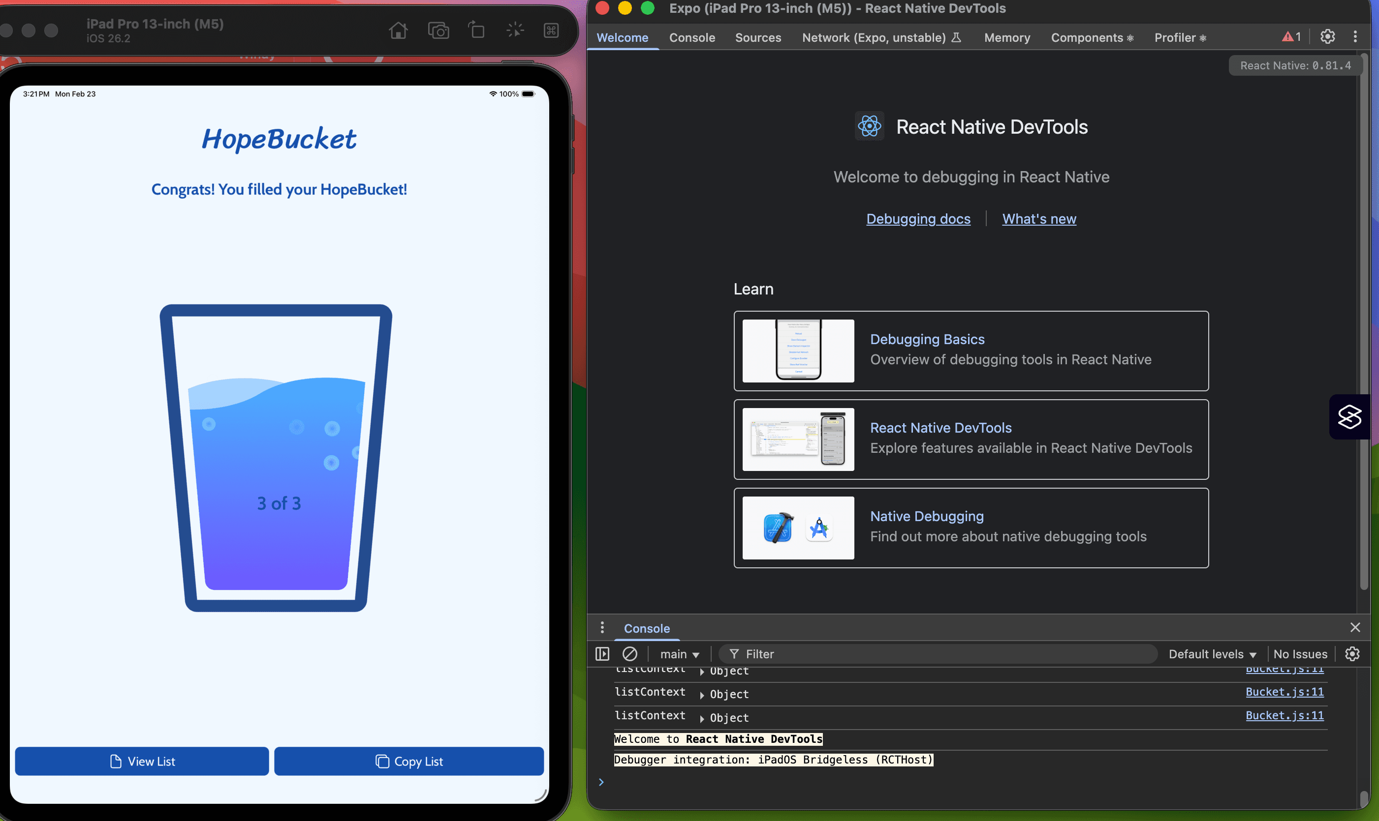 Mobile code development using React Dev Tools